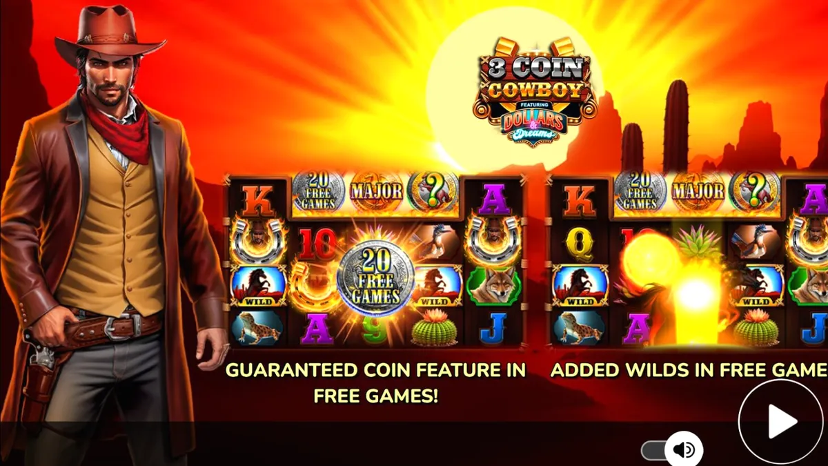 3 Coin Cowboy Dollars & Dreams slot machine interface featuring Wild West theme