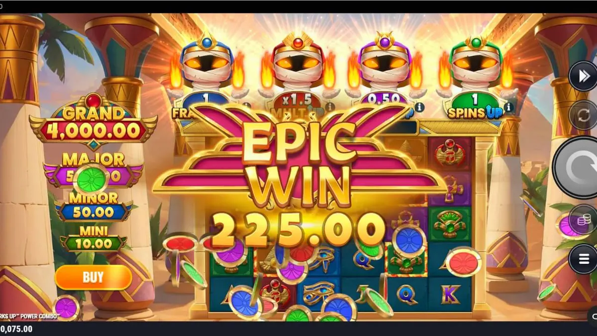 Tampilan visual slot Mummy Mania Perks Up Power Combo dengan empat mumi penguasa