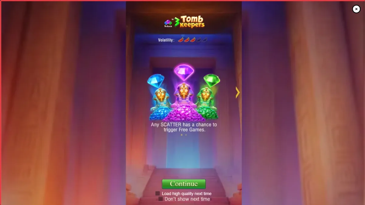 Tampilan visual slot 3 Tomb Keepers dengan latar belakang makam Mesir kuno yang penuh emas.